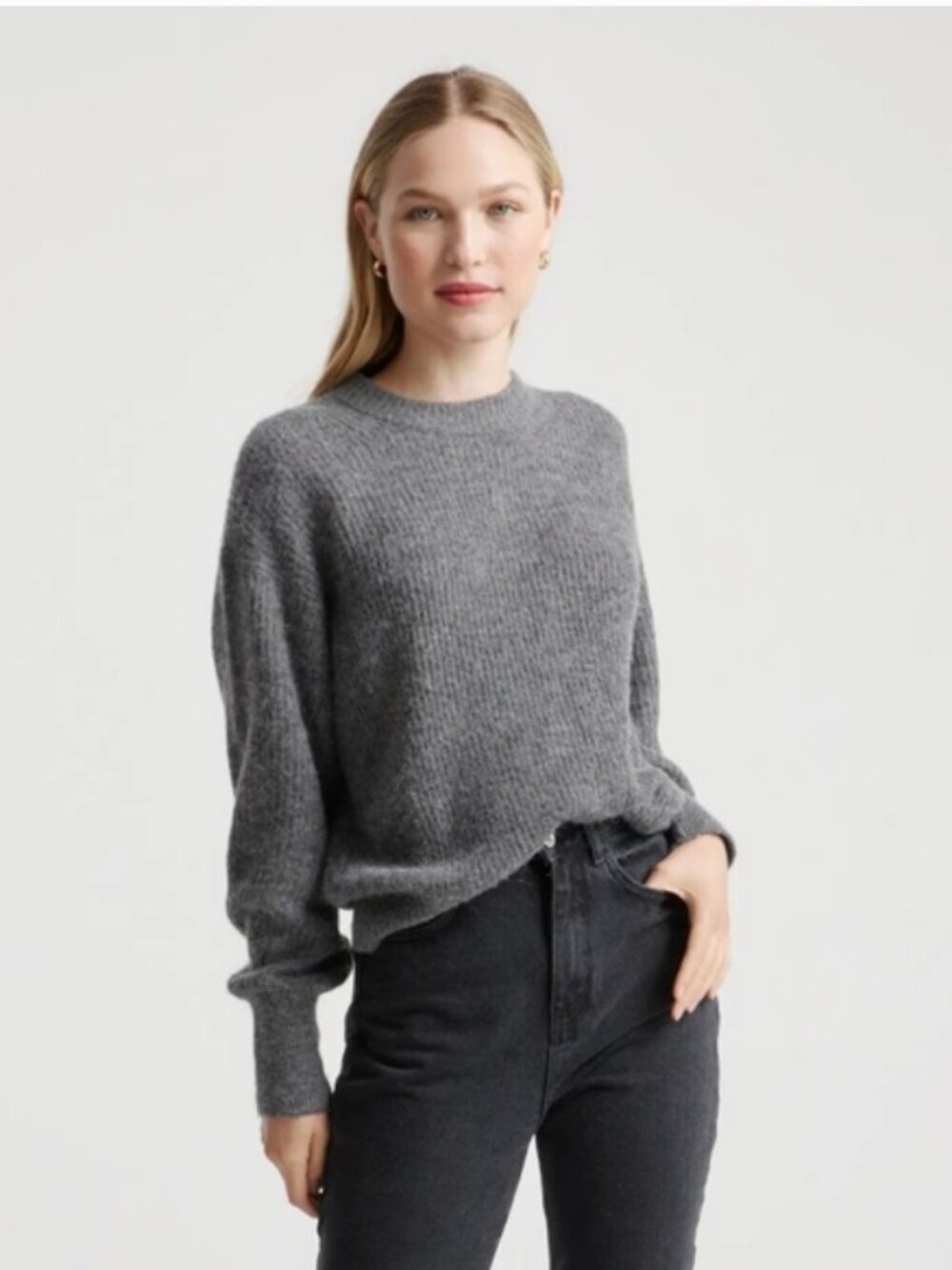 Quince Womens Baby Alpaca Wool Blend Crew Neck Ribbed Gray Sweater Sz S